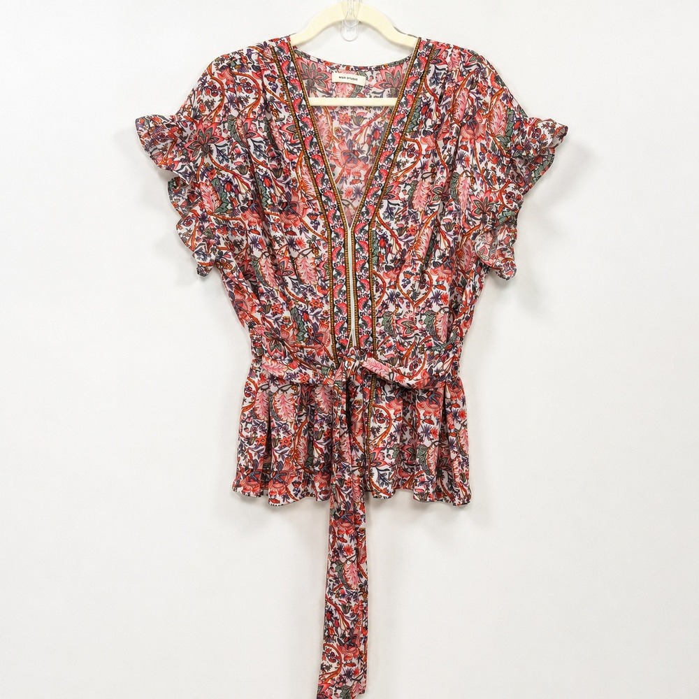 Max Studio Boho Floral Flutter Sleeve Tie Waist Top Blouse L Cottagecore